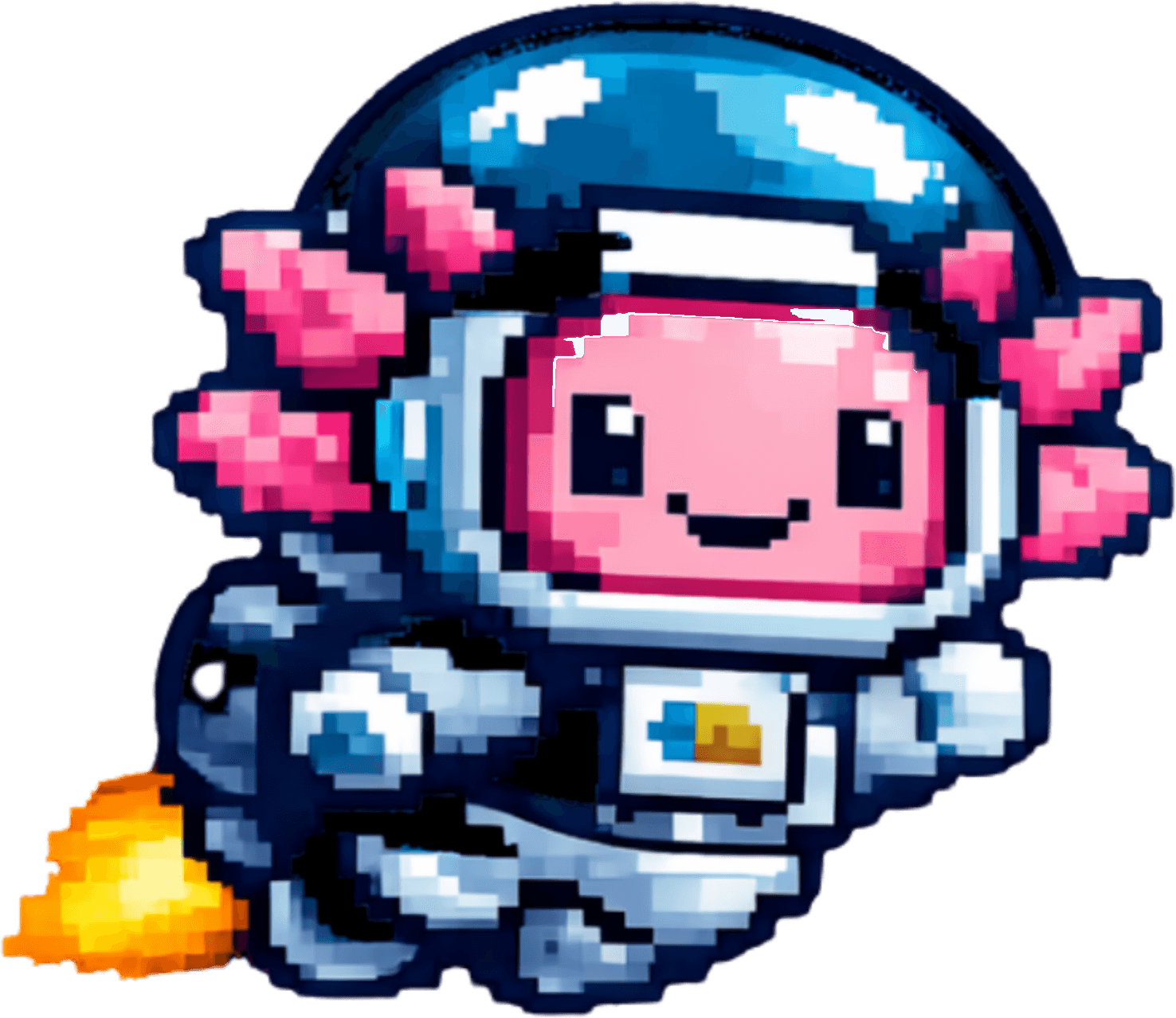 Astrolotl mascot, a pixel-art axolotl astronaut with a rocket flame
